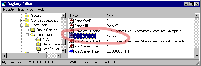 Screen shot of TeamTrack registry keys in the Windows Registry Editor